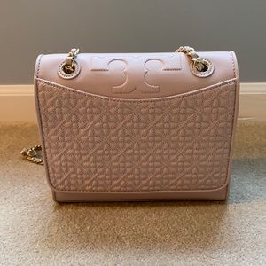 Tory Burch light pink leather woven print handbag